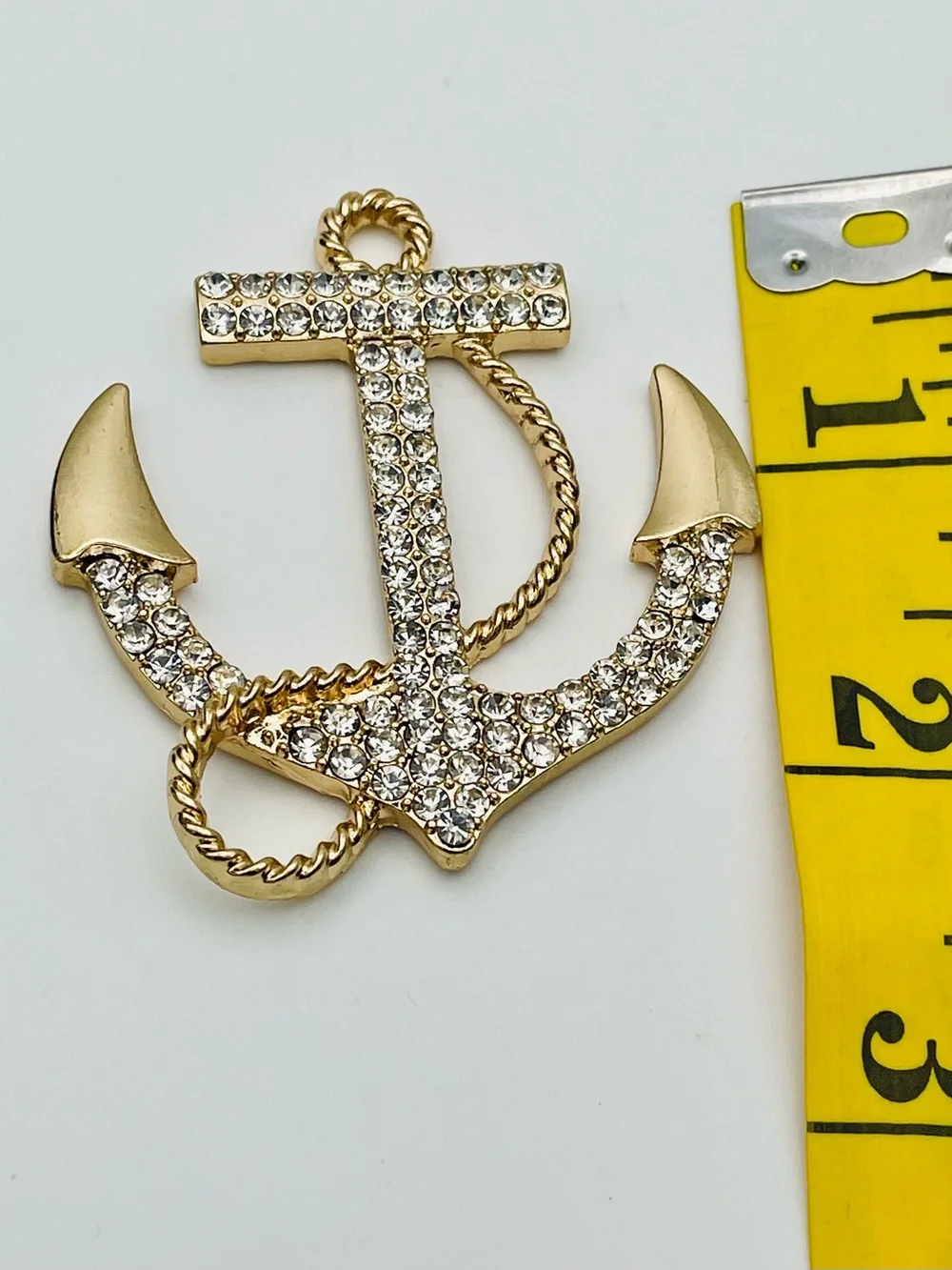 Rhinestone Gold Tone Anchor Pendant with Clear Crystals. Nautical.